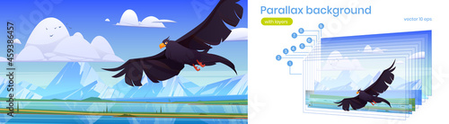 Parallax background black eagle, falcon or hawk flying with outspread wings over mountain lake 2d landscape with separated layers for game, beautiful wild bird in nature, Cartoon vector illustration