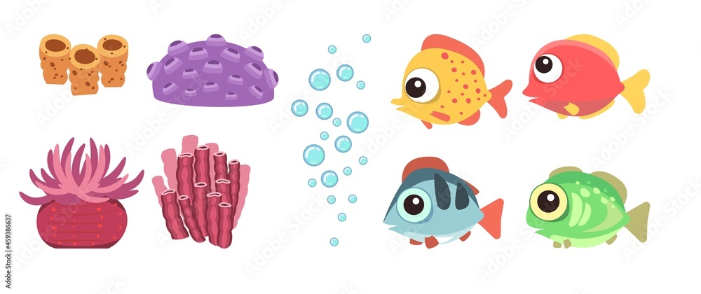 custom made wallpaper toronto digitalSet of marine objects: corals, plants, fish, algae and bubbles. Underwater. Aquarium or sea. Summer water. Isolated on white background. Illustration in cartoon style. Flat design. Vector art