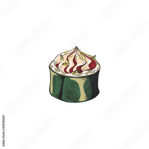 Maki or roll sushi with topping sauce, green onions in color sketch vector