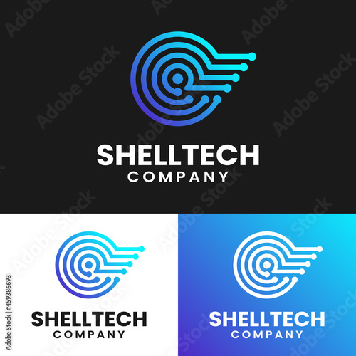 Nautilus Shell Circuit Technology Logo Design Template. Suitable for IT Tech Technology Internet Digital Media Company Business Corporate Brand Modern Line Style Logo Design.