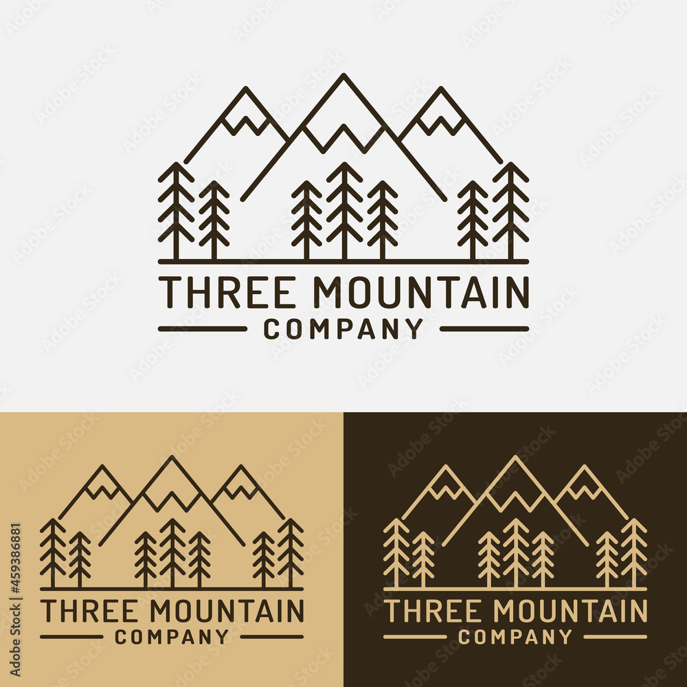 Three Mountain and Pine Trees for Adventure Outdoor Hiking Camping Hunting Sport Gear Apparel Business Brand in Simple Line Unique Hipster Vintage Style Logo Design.
