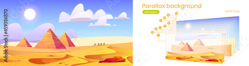 Desert landscape with Egyptian pyramids and camels on sand dunes. Parallax background with layers for animation scrolling effect. Vector cartoon illustration of desert with pharaoh tombs and caravan