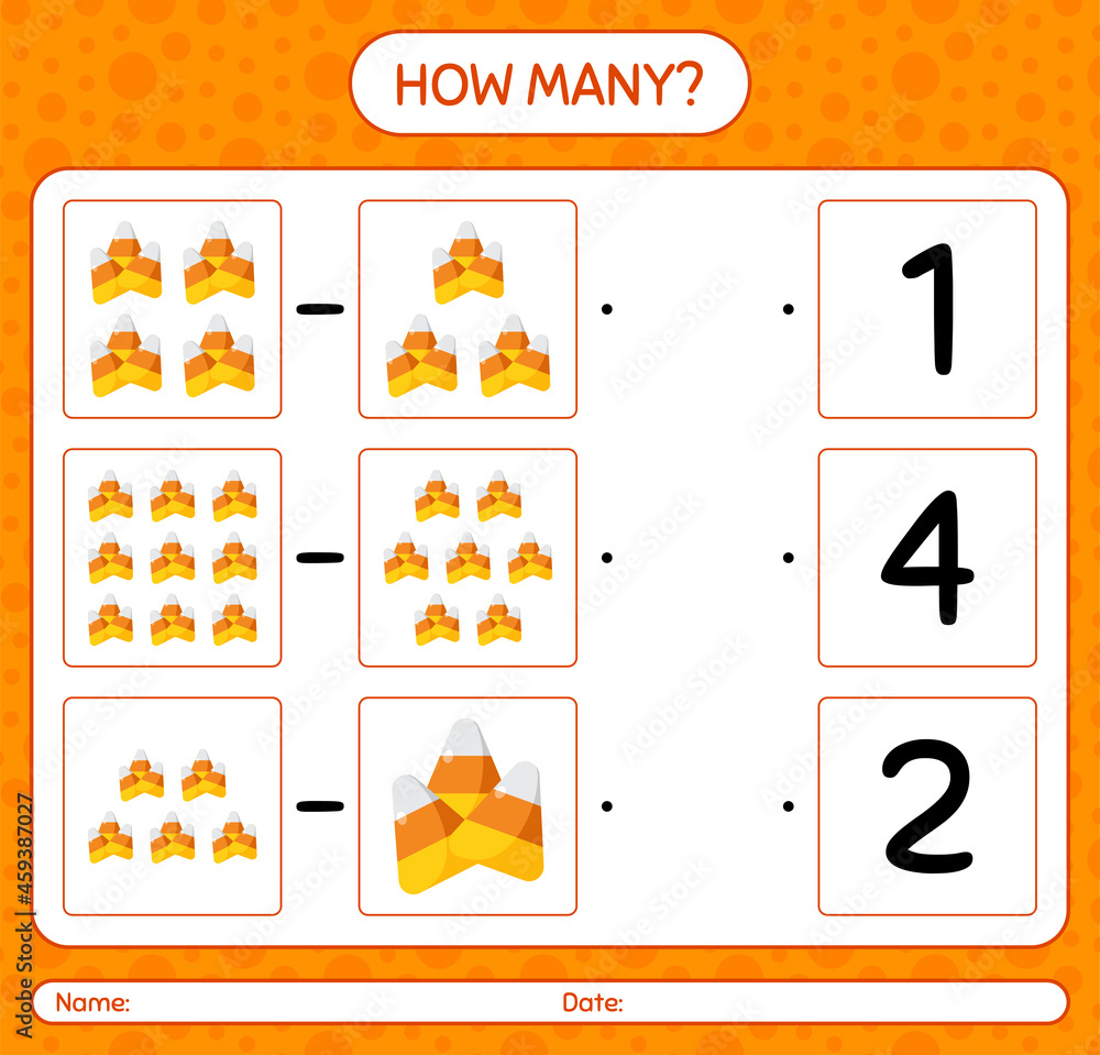 How many counting game with candy corn. worksheet for preschool kids, kids activity sheet