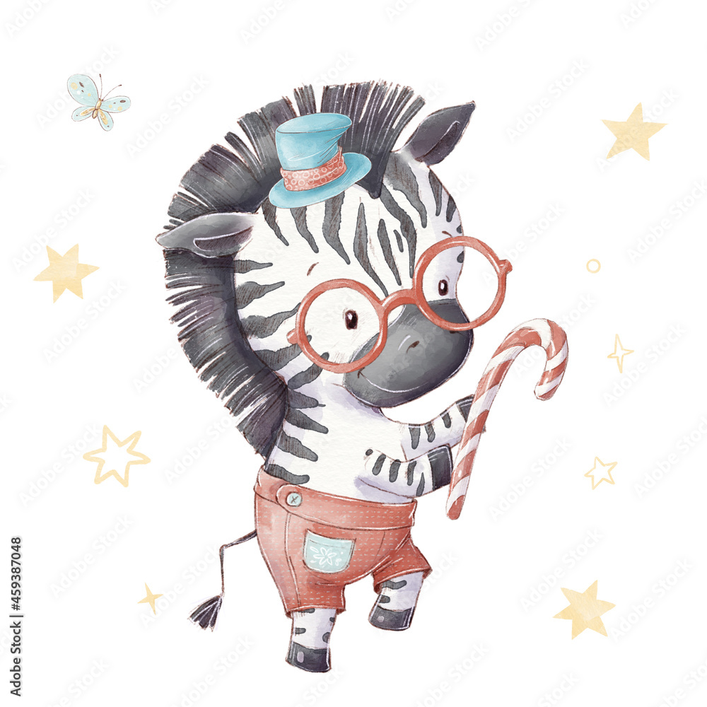 Fototapeta premium Set of cute cartoon zebra in hat and glasses. Watercolor illustration