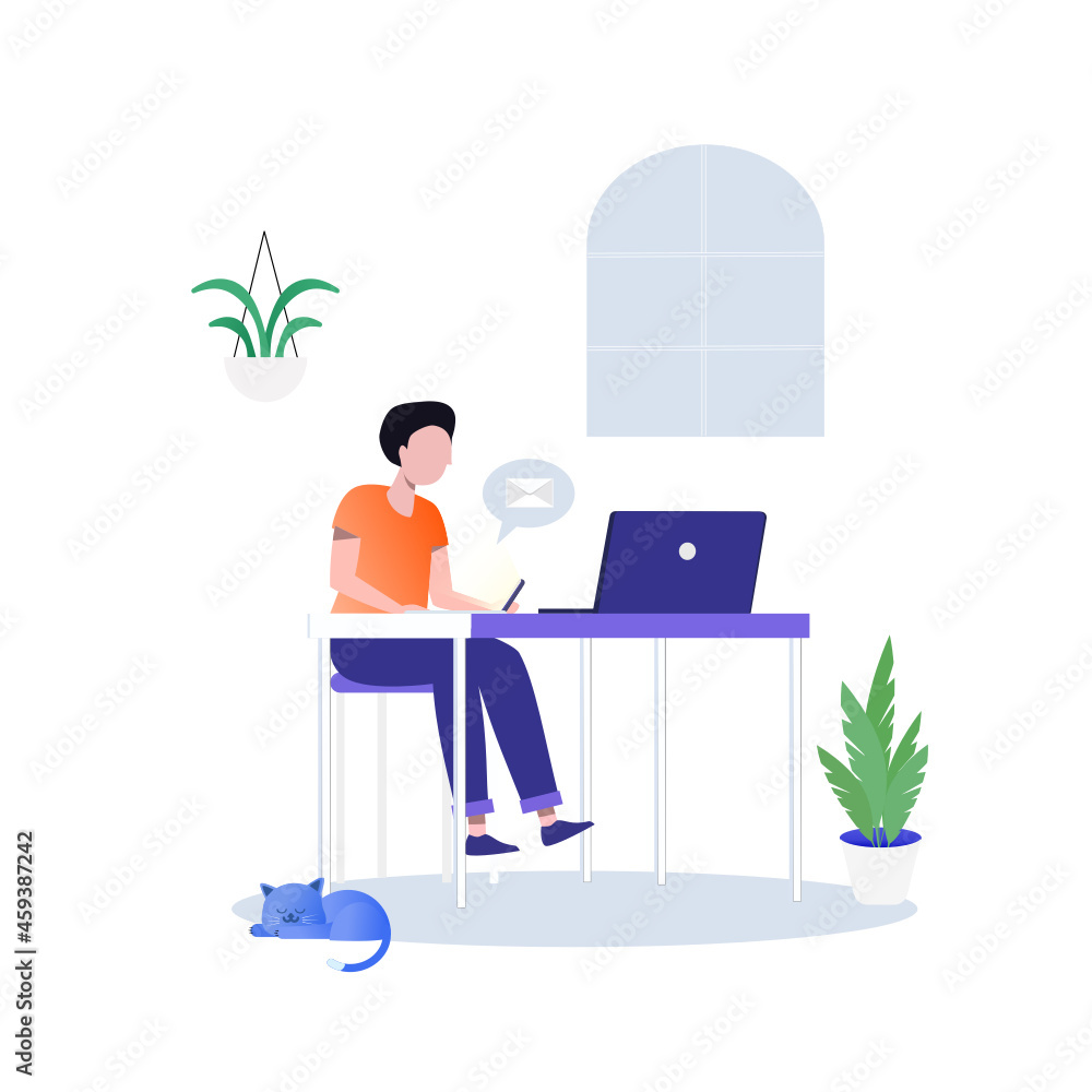 The man sitting on the chair and holding the phone send the messages online.he was freelance work from home.vector design.