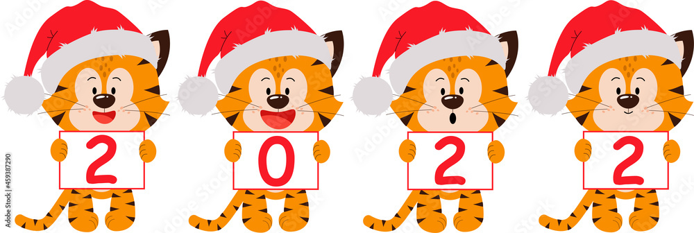 Four tiger cubs with signs. The year is 2022. Vector illustration for postcards, banners, the Internet, decor, design, art, calendar.