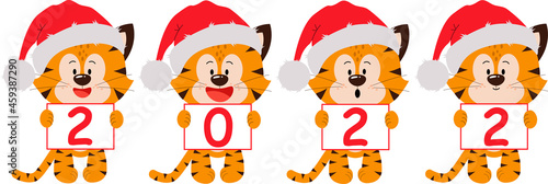 Four tiger cubs with signs. The year is 2022. Vector illustration for postcards  banners  the Internet  decor  design  art  calendar.