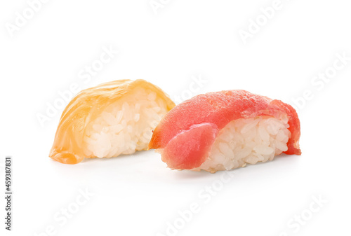 Sushi with salmon and tuna fish on white background