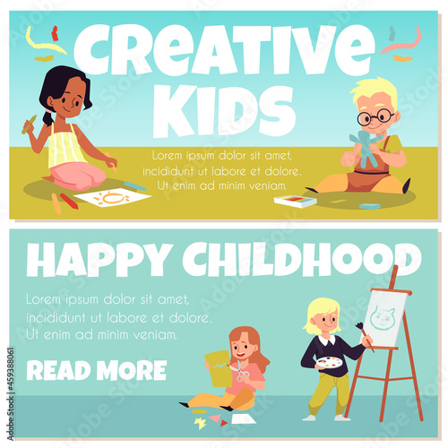 Vector colorful banners with creative kids making art crafts.