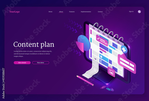 Content plan banner. Service for organization work in social media, optimization tasks, marketing management. Vector landing page with isometric computer screen with planner