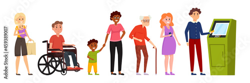 People are waiting in line near ATM machine. Crowd standing in queue to atm. Bank terminal. Financial transactions. Vector illustration.