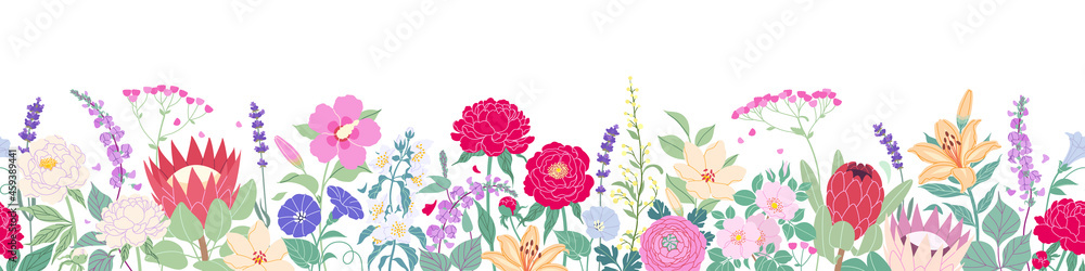 Seamless Border  with Blooming Garden Flowers