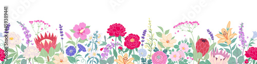 Seamless Border with Blooming Garden Flowers