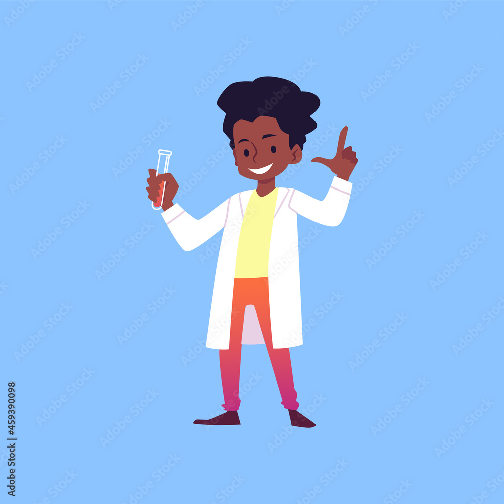 Little boy scientist and experimenter flat vector illustration isolated.