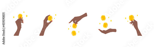 Transfer money. African female hands giving golden coins. Donation, charity or payday concept. Financial symbol. Banking or business services. Vector illustration in flat cartoon style.