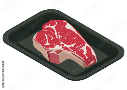 A piece of fresh meat in a plastic container, isometric view. 3D rendering. Vector illustration.