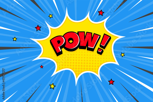 Pow comic speech bubble halftone shadow text expression retro comic style flat design. Dynamic pop art vector illustration isolated on dynamic ray background.