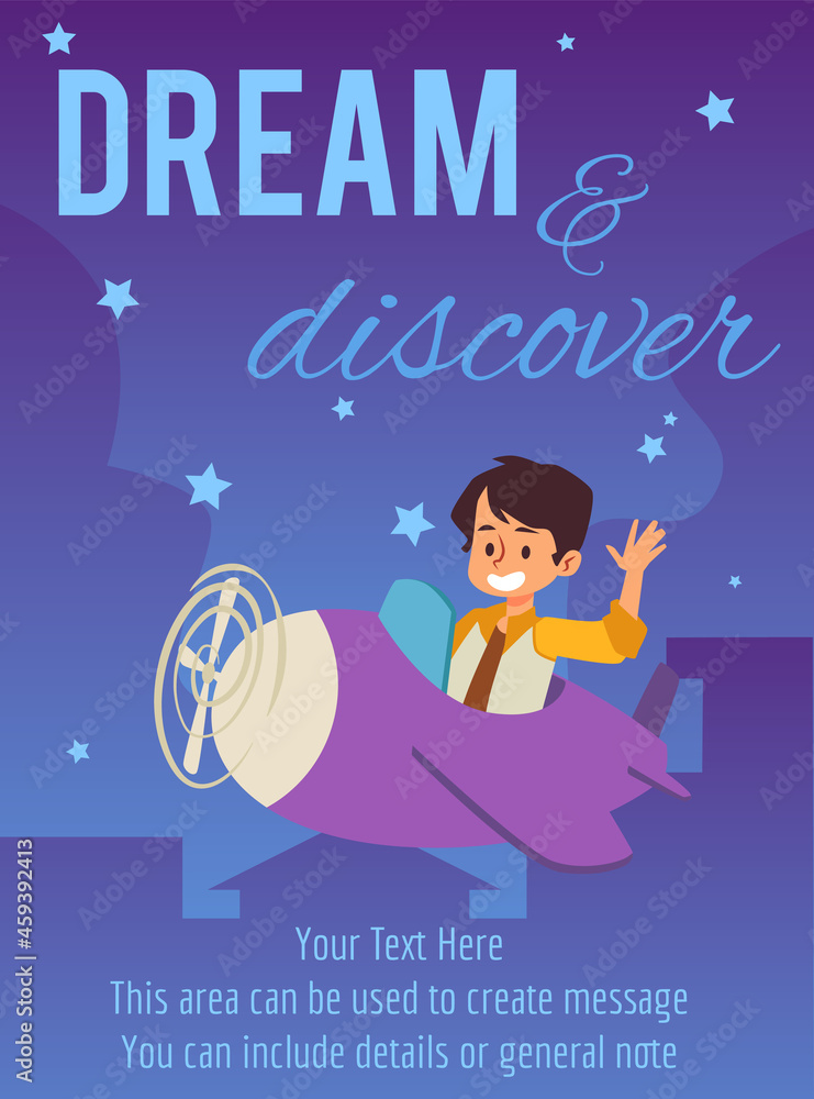 Poster or card with child boy flying on plane flat vector illustration.