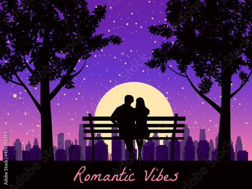 Romantic Vibes Couple lovers on bench in park, under trees. Sunset, night, stars. Vector Happy Valentines Day illustration, silhouette