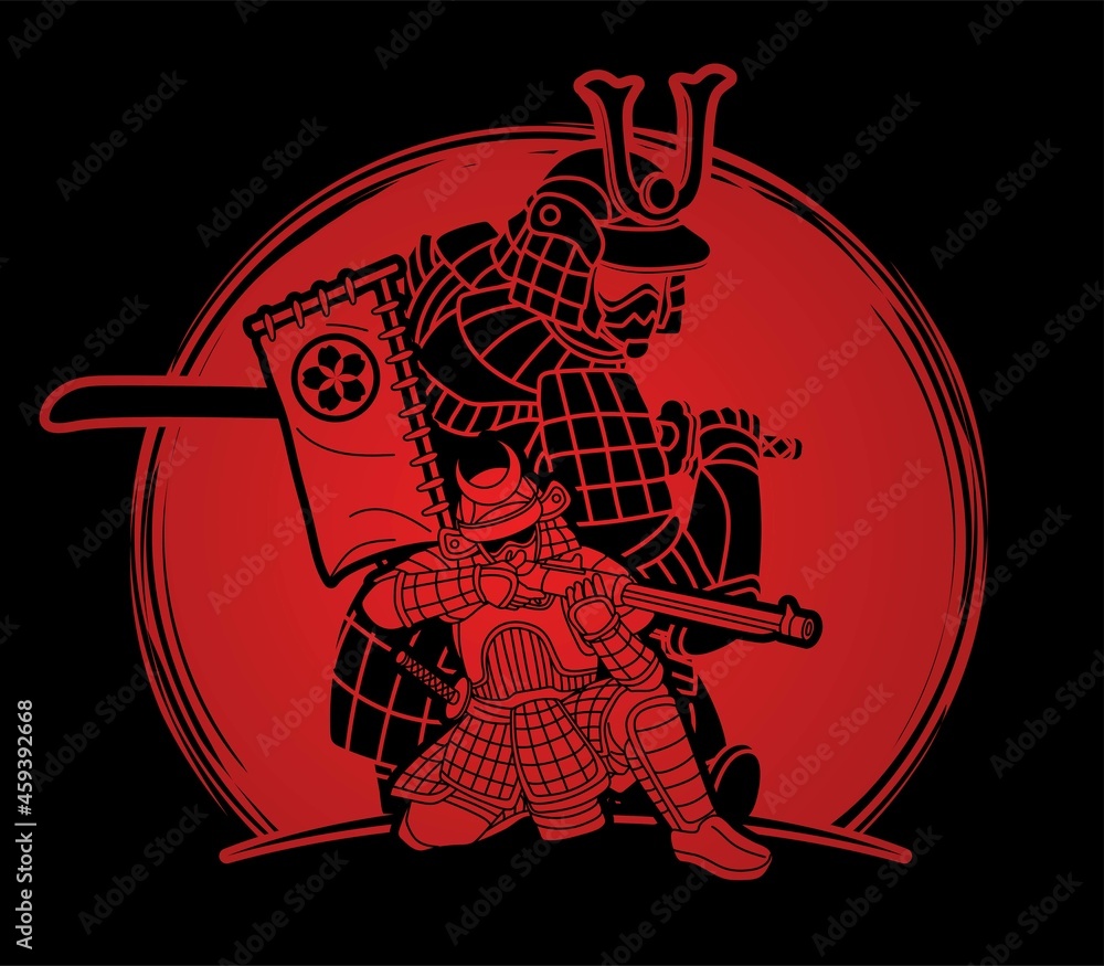Group of Samurai Warrior or Ronin Japanese Fighter Action with Armor and Weapon Cartoon Graphic Vector