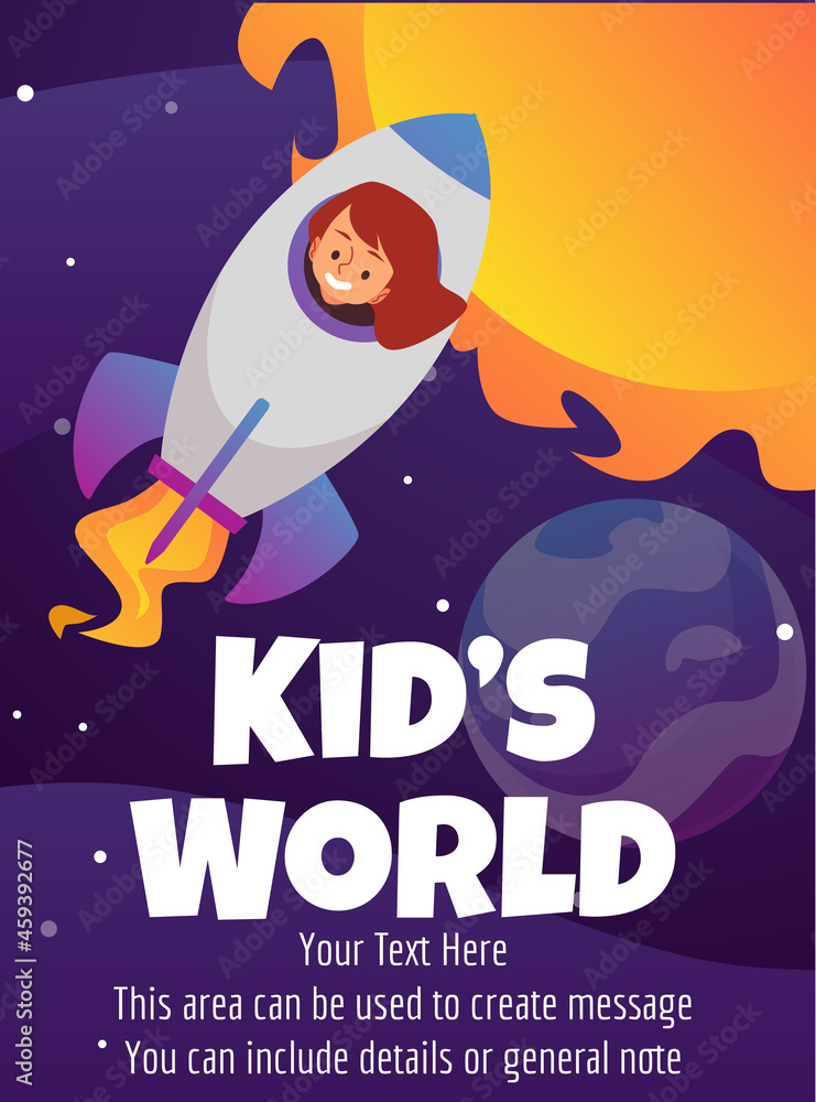 Kids world banner with child in space on rocket, flat vector illustration.