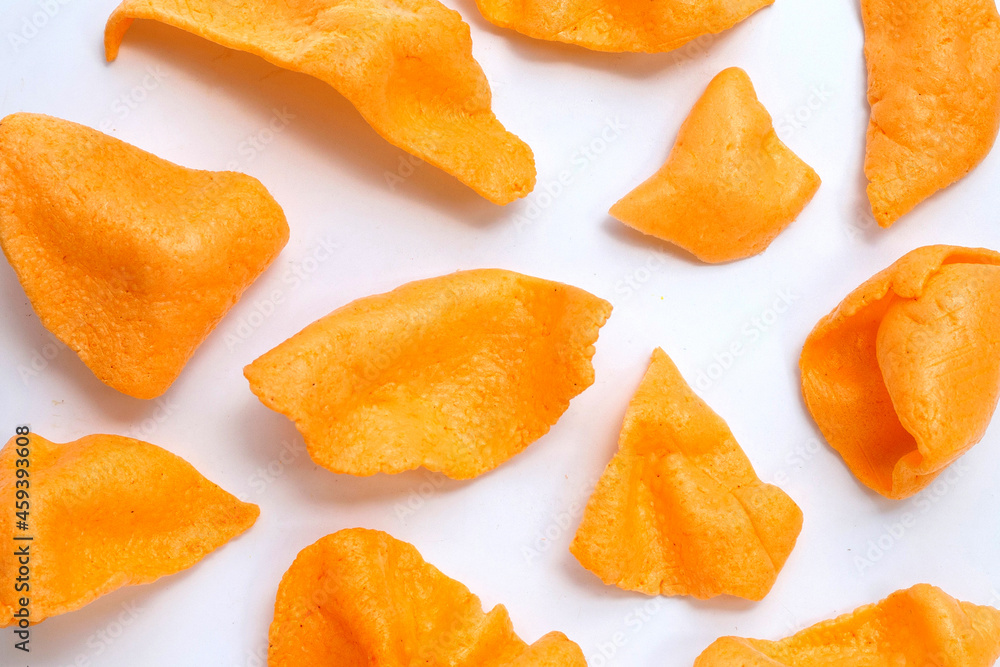 Prawn crackers on white background. Shrimp crispy rice snack Stock