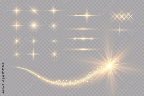 Light effect. Golden bright star, yellow sun. Starlight, glittering particles.