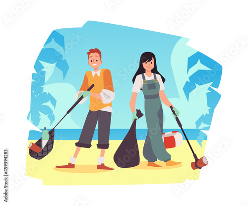 Volunteers at coastal cleanup event, flat vector illustration isolated.