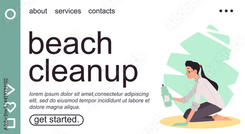 Beach cleanup website layout for voluntary movement, flat vector illustration.
