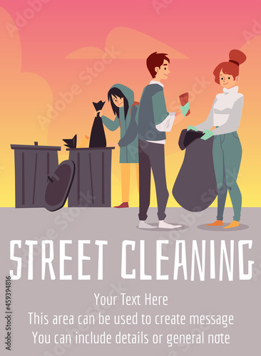 Street cleaning and eco volunteering banner or poster flat vector illustration.