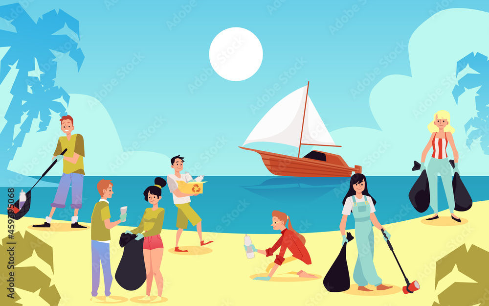 Volunteers picking litter of beach on coastal cleanup, flat vector illustration. Volunteers picking litter of beach on coastal cleanup, flat vector illustration.