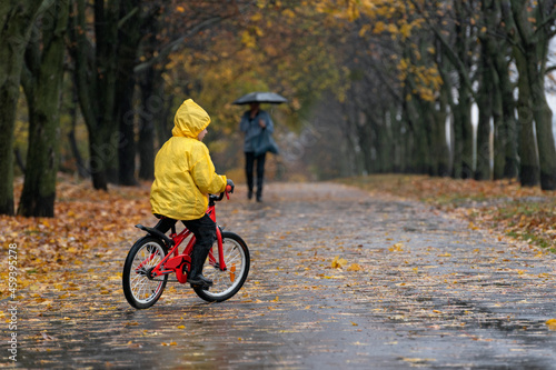 Child in bright raincoat drives in park wet from the rain. Autumn park. Back view