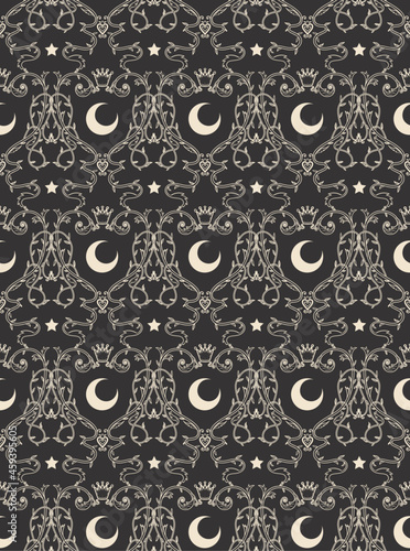 seamless pattern with moon and retro swirls