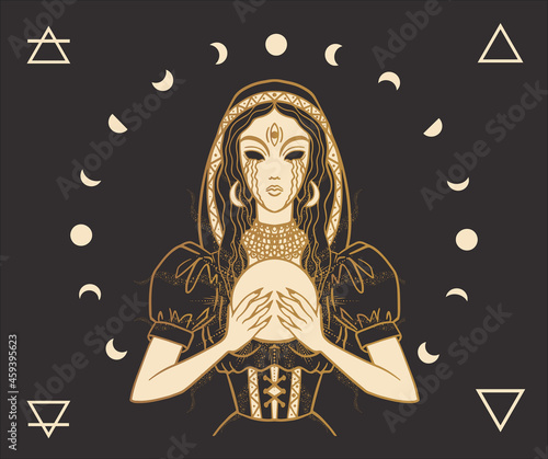 fortune teller with a magic ball in her hands and an