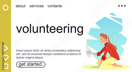 Volunteering website with ecologist or volunteer, flat vector illustration.