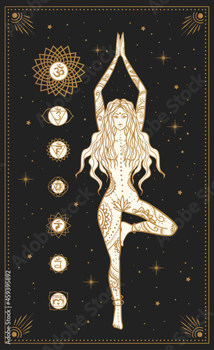 girl in a tree pose, mystic illustration with moon chakras, tarot cards, yoga meditation