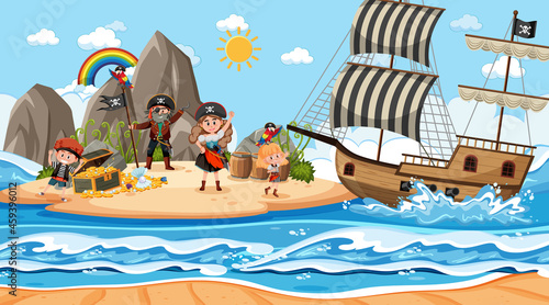 Treasure Island scene at daytime with Pirate kids