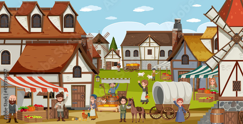 Medieval town scene with villagers
