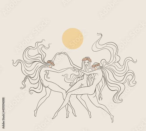 girls dancing under the sun, line tattoo, occult, rituals