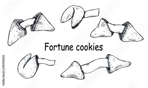 Chinese fortune cookies vector hand drawn set isolated on white backgrounds. Food illustration. Crisp cookie with a blank piece of paper inside. For print, web, design, decor, logo.