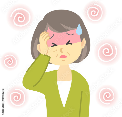 イラスト素材:体調不良シリーズ　年配の女性が熱中症でくらくらする姿　ホットフラッシュの可能性
