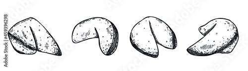 Chinese fortune cookies vector hand drawn set isolated on white backgrounds. Food illustration. For print, web, design, decor, logo.