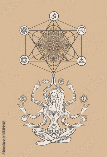 girl goddess with six arms and chakras in lotus pose among the stars, tarot cards, sacred, calm