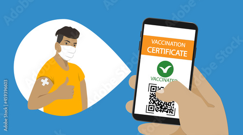 Hand holding smartphone with vaccination certificate.People vaccination concept.Person showing vaccinated arm.Vaccine passport.Pass sanitaire with Qr code.