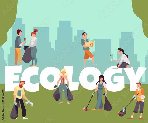 Ecology banner with volunteers picking up litter, flat vector illustration.