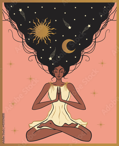 girl in lotus position meditates the universe in her hair, sun and moon, yoga magic