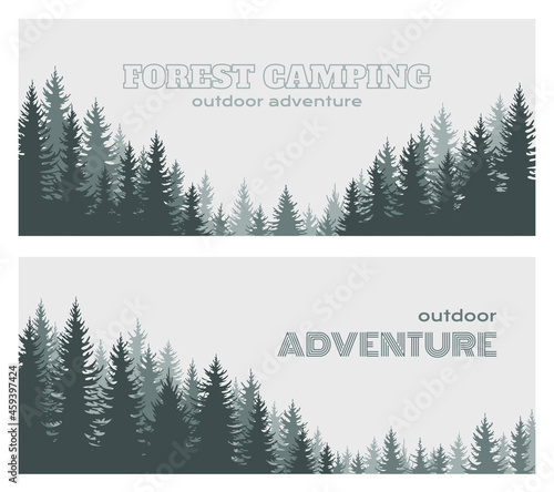 Abstract design of horizontal banner template with fir forest. Coniferous evergreen trees isolated on a light background.Postcard, poster, business card, forest recreation, tourism.Vector illustration