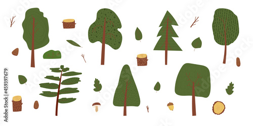 Hand drawn cartoon vector illustration set of summer nature forest park landscape background elements with green trees, leaves, acorn, mushrooms.