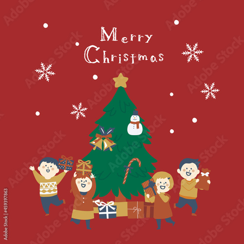 クリスマスプレゼントを持って喜ぶ子供たちのイラスト
