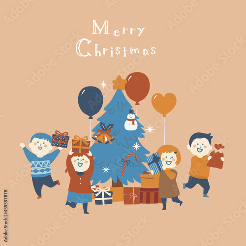 クリスマスプレゼントを持って喜ぶ子供たちのイラスト